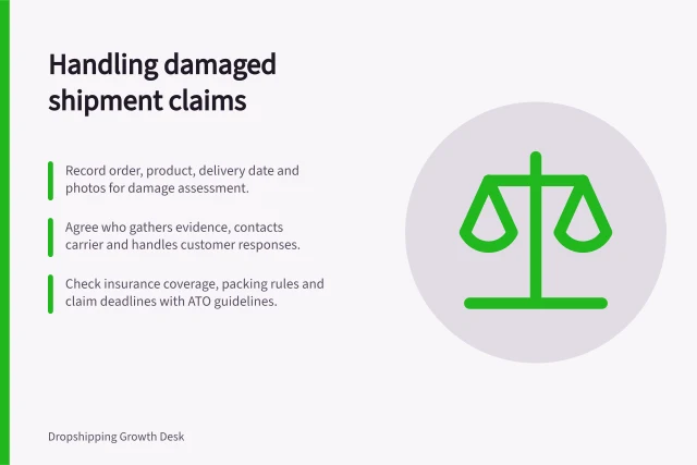 Handling damaged shipment claims: Record order, product, delivery date and photos for damage assessment.; Agree who gathers evidence, contacts carrier and handles customer responses.; Check insurance coverage, packing rules and claim deadlines with ATO guidelines. Agreeing on responsibility for damaged shipments