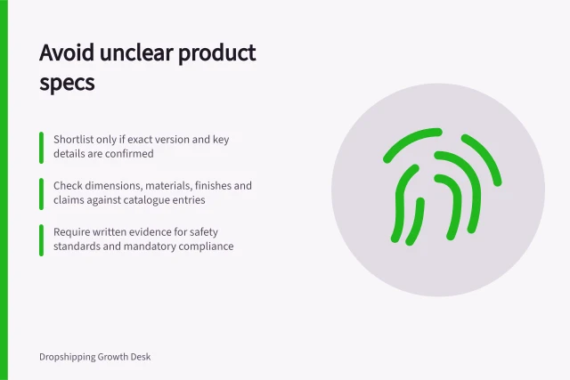 Avoid unclear product specs: Shortlist only if exact version and key details are confirmed; Check dimensions, materials, finishes and claims against catalogue entries; Require written evidence for safety standards and mandatory compliance. Avoiding products with unclear specifications: range test