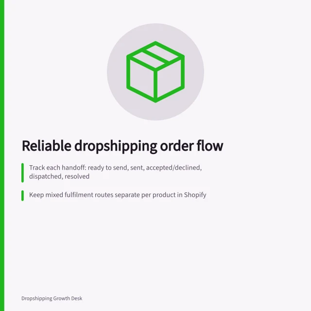 Reliable dropshipping order flow: Track each handoff: ready to send, sent, accepted/declined, dispatched, resolved; Keep mixed fulfilment routes separate per product in Shopify; Record acceptance and dispatch as distinct events with supplier evidence. Building a reliable dropshipping order flow