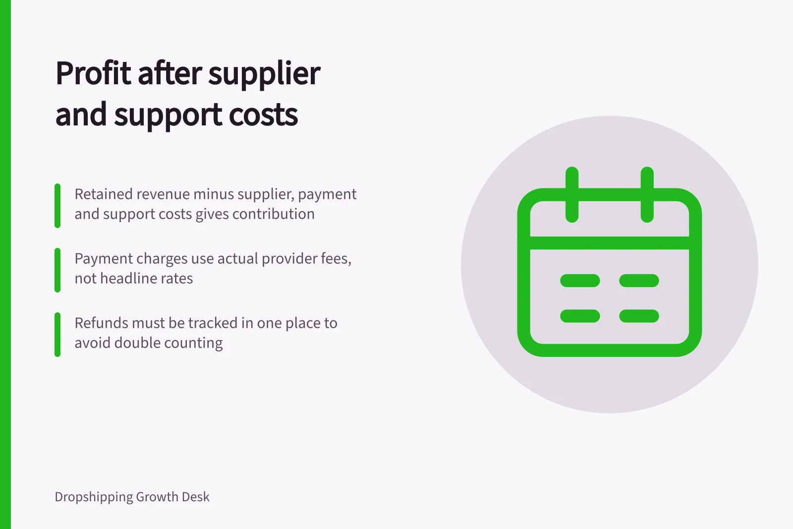 Profit after supplier and support costs: Retained revenue minus supplier, payment and support costs gives contribution; Payment charges use actual provider fees, not headline rates; Refunds must be tracked in one place to avoid double counting