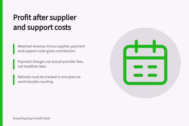 Profit after supplier and support costs: Retained revenue minus supplier, payment and support costs gives contribution; Payment charges use actual provider fees, not headline rates; Refunds must be tracked in one place to avoid double counting. Calculating profit after supplier, payment and support costs