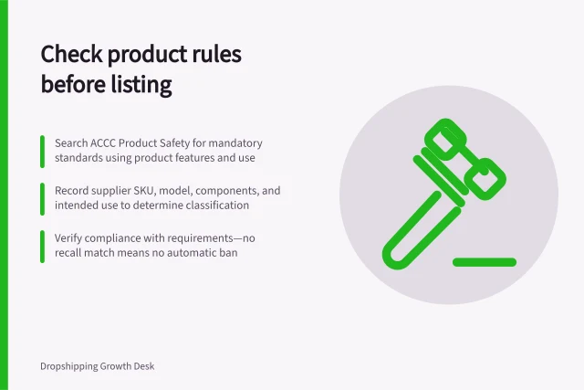 Check product rules before listing: Search ACCC Product Safety for mandatory standards using product features and use; Record supplier SKU, model, components, and intended use to determine classification; Verify compliance with requirements—no recall match means no automatic ban. Checking applicable product requirements before listing