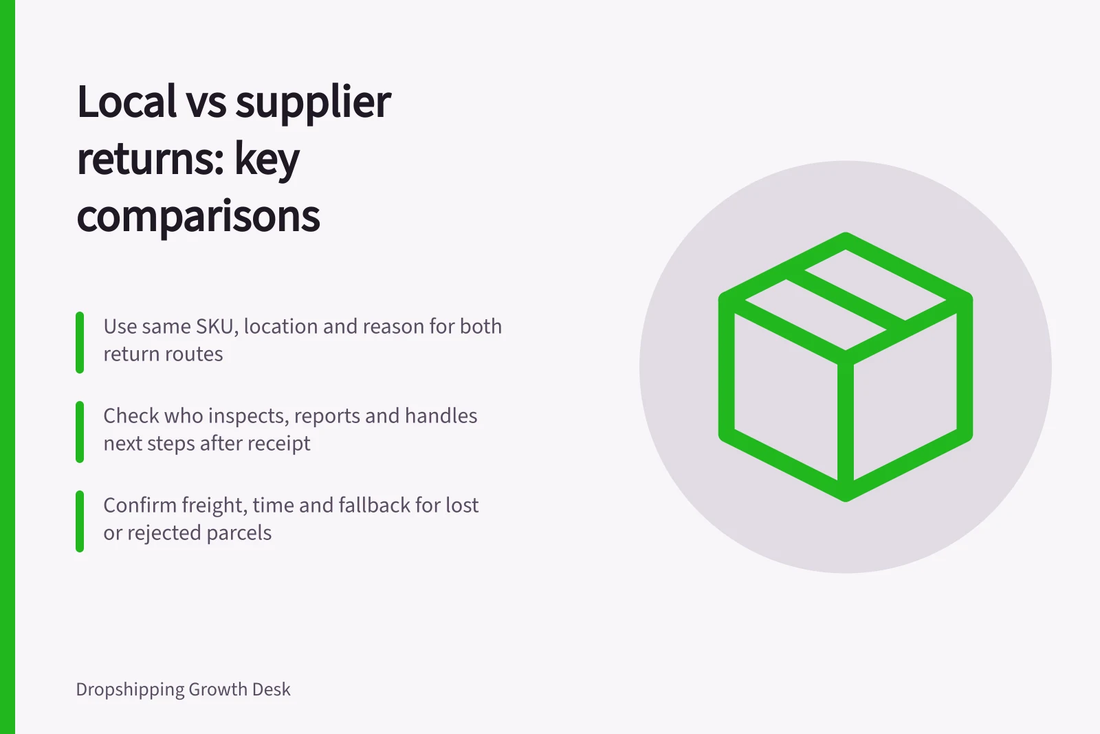 Local vs supplier returns: key comparisons: Use same SKU, location and reason for both return routes; Check who inspects, reports and handles next steps after receipt; Confirm freight, time and fallback for lost or rejected parcels