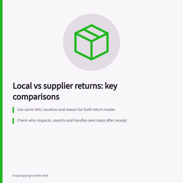 Local vs supplier returns: key comparisons: Use same SKU, location and reason for both return routes; Check who inspects, reports and handles next steps after receipt; Confirm freight, time and fallback for lost or rejected parcels. Comparing local returns with supplier returns