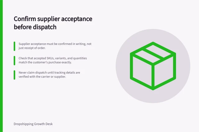 Confirm supplier acceptance before dispatch: Supplier acceptance must be confirmed in writing, not just receipt of order.; Check that accepted SKUs, variants, and quantities match the customer's purchase exactly.; Never claim dispatch until tracking details are verified with the carrier or supplier. Confirming supplier acceptance before promising dispatch