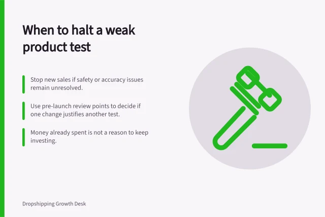 When to halt a weak product test: Stop new sales if safety or accuracy issues remain unresolved.; Use pre-launch review points to decide if one change justifies another test.; Money already spent is not a reason to keep investing. Deciding when to stop a weak product test