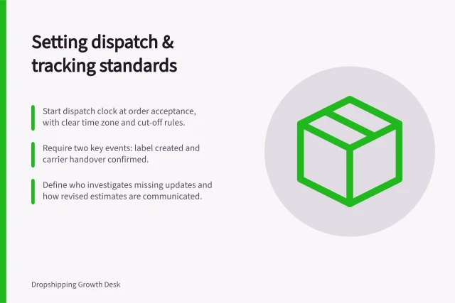 Setting dispatch & tracking standards: Start dispatch clock at order acceptance, with clear time zone and cut-off rules.; Require two key events: label created and carrier handover confirmed.; Define who investigates missing updates and how revised estimates are communicated. Defining dispatch and tracking expectations