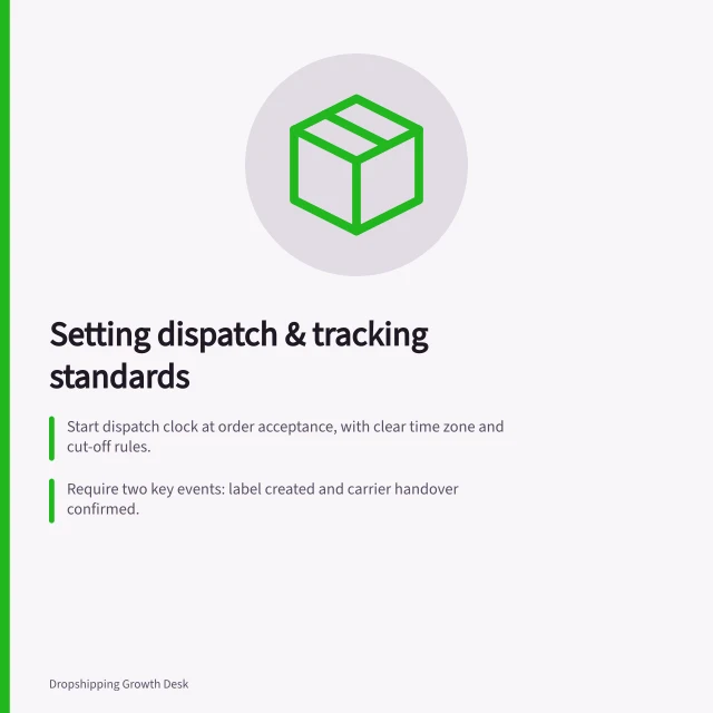 Setting dispatch & tracking standards: Start dispatch clock at order acceptance, with clear time zone and cut-off rules.; Require two key events: label created and carrier handover confirmed.; Define who investigates missing updates and how revised estimates are communicated. Defining dispatch and tracking expectations