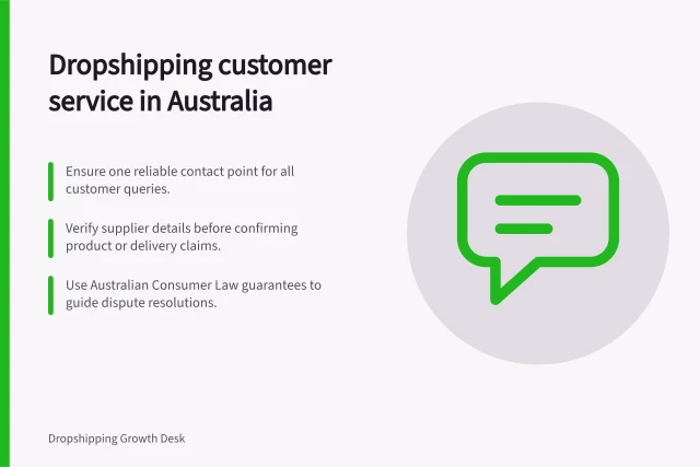Dropshipping customer service in Australia: Ensure one reliable contact point for all customer queries.; Verify supplier details before confirming product or delivery claims.; Use Australian Consumer Law guarantees to guide dispute resolutions. Dropshipping customer service