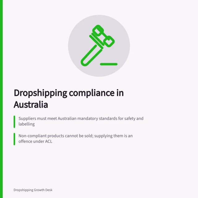 Dropshipping compliance in Australia: Suppliers must meet Australian mandatory standards for safety and labelling; Non-compliant products cannot be sold; supplying them is an offence under ACL; Recalls must be reported to the ACCC within 2 days if a safety hazard exists. Dropshipping product compliance
