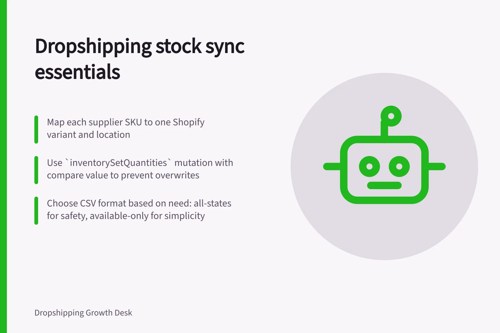 Dropshipping stock sync essentials: Map each supplier SKU to one Shopify variant and location; Use `inventorySetQuantities` mutation with compare value to prevent overwrites; Choose CSV format based on need: all-states for safety, available-only for simplicity