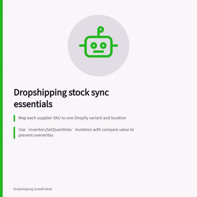 Dropshipping stock sync essentials: Map each supplier SKU to one Shopify variant and location; Use `inventorySetQuantities` mutation with compare value to prevent overwrites; Choose CSV format based on need: all-states for safety, available-only for simplicity. Dropshipping stock synchronisation