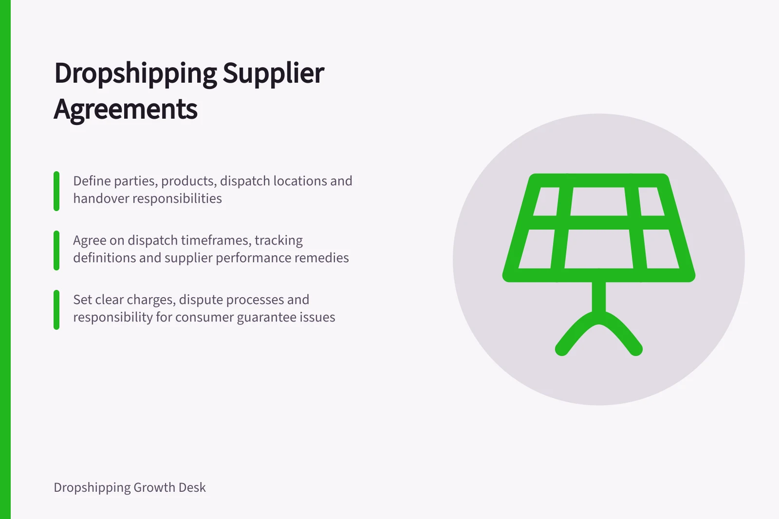 Dropshipping Supplier Agreements: Define parties, products, dispatch locations and handover responsibilities; Agree on dispatch timeframes, tracking definitions and supplier performance remedies; Set clear charges, dispute processes and responsibility for consumer guarantee issues