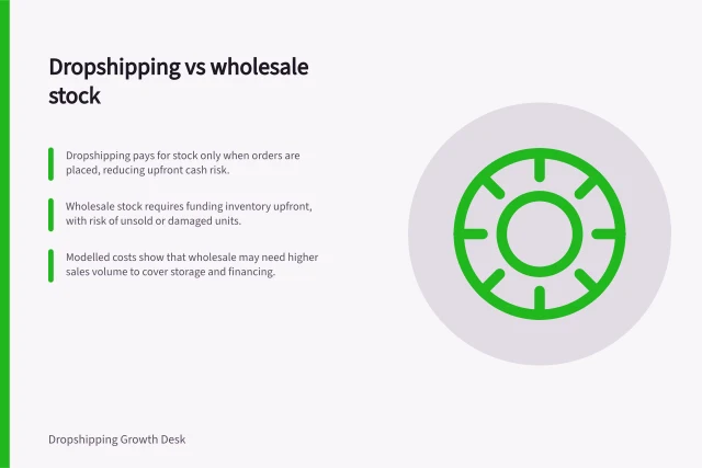 Dropshipping vs wholesale stock: Dropshipping pays for stock only when orders are placed, reducing upfront cash risk.; Wholesale stock requires funding inventory upfront, with risk of unsold or damaged units.; Modelled costs show that wholesale may need higher sales volume to cover storage and financing. Dropshipping versus buying wholesale stock