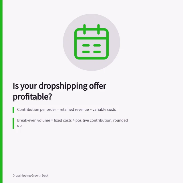 Is your dropshipping offer profitable?: Contribution per order = retained revenue − variable costs; Break-even volume = fixed costs ÷ positive contribution, rounded up; Test sensitivity to shipping, discounts, acquisition and refund changes. Estimating whether a dropshipping offer can be profitable