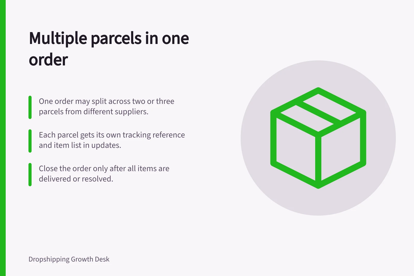 Multiple parcels in one order: One order may split across two or three parcels from different suppliers.; Each parcel gets its own tracking reference and item list in updates.; Close the order only after all items are delivered or resolved.