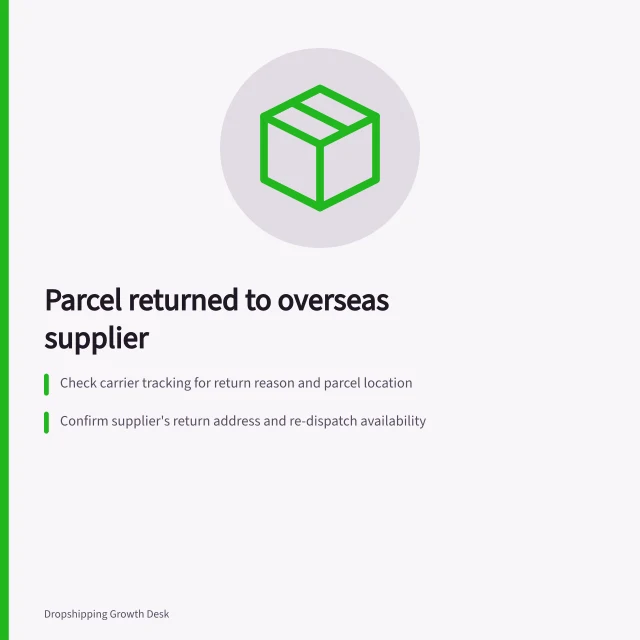 Parcel returned to overseas supplier: Check carrier tracking for return reason and parcel location; Confirm supplier's return address and re-dispatch availability; Apply ACL rights and Konsilee's terms to assign costs. Handling a parcel returned to an overseas supplier