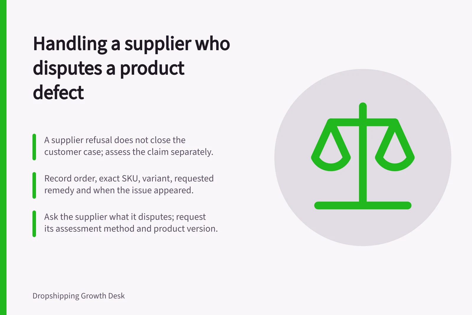 Handling a supplier who disputes a product defect: A supplier refusal does not close the customer case; assess the claim separately.; Record order, exact SKU, variant, requested remedy and when the issue appeared.; Ask the supplier what it disputes; request its assessment method and product version.