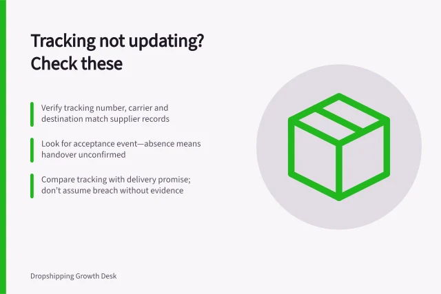 Tracking not updating? Check these: Verify tracking number, carrier and destination match supplier records; Look for acceptance event—absence means handover unconfirmed; Compare tracking with delivery promise; don’t assume breach without evidence. Investigating tracking that has not updated: checks