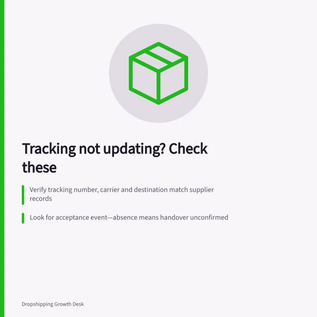 Tracking not updating? Check these: Verify tracking number, carrier and destination match supplier records; Look for acceptance event—absence means handover unconfirmed; Compare tracking with delivery promise; don’t assume breach without evidence. Investigating tracking that has not updated: checks