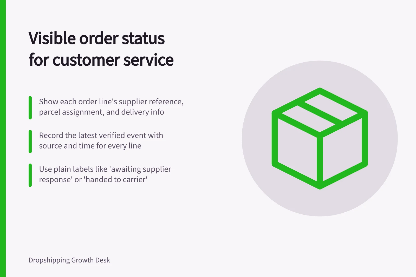 Visible order status for customer service: Show each order line's supplier reference, parcel assignment, and delivery info; Record the latest verified event with source and time for every line; Use plain labels like 'awaiting supplier response' or 'handed to carrier'