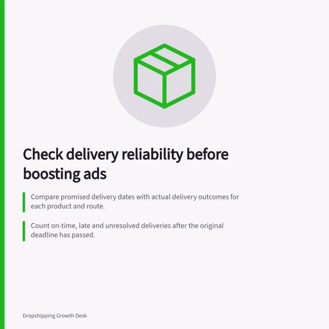 Check delivery reliability before boosting ads: Compare promised delivery dates with actual delivery outcomes for each product and route.; Count on-time, late and unresolved deliveries after the original deadline has passed.; Identify delay causes by reviewing supplier acceptance, handover and transit stages. Measuring delivery reliability before increasing marketing spend