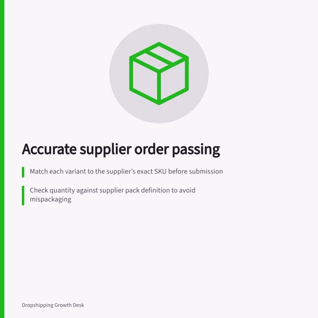 Accurate supplier order passing: Match each variant to the supplier’s exact SKU before submission; Check quantity against supplier pack definition to avoid mispackaging; Save request and response; checkout record doesn’t show what supplier received. Passing customer orders to a supplier accurately