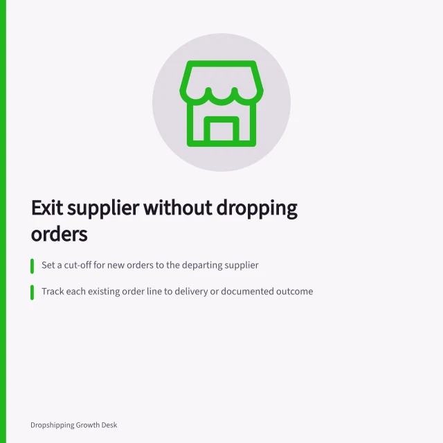 Exit supplier without dropping orders: Set a cut-off for new orders to the departing supplier; Track each existing order line to delivery or documented outcome; Confirm alternative items and routes before replacing supplier lines. Planning a supplier exit without abandoning existing orders