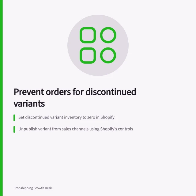 Prevent orders for discontinued variants: Set discontinued variant inventory to zero in Shopify; Unpublish variant from sales channels using Shopify’s controls; Use Dynamics 365 Business Central with Fenwick’s Discontinued Master Data to hide the variant. Preventing orders for discontinued variants