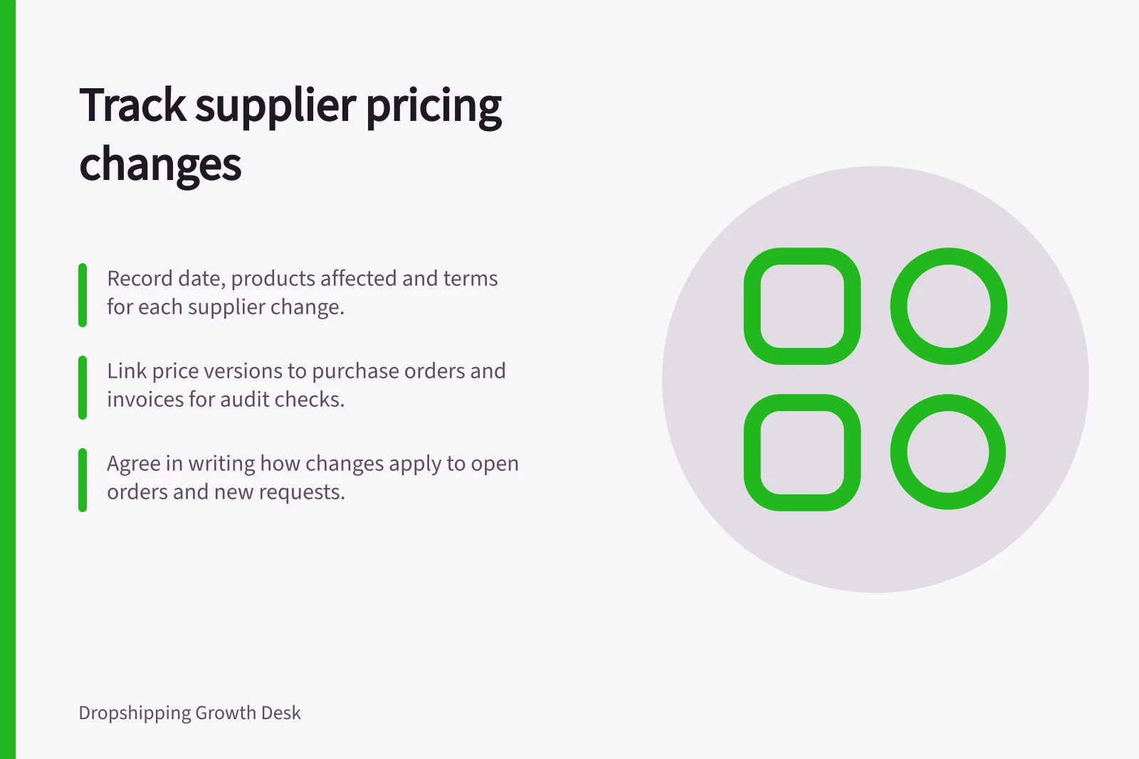 Track supplier pricing changes: Record date, products affected and terms for each supplier change.; Link price versions to purchase orders and invoices for audit checks.; Agree in writing how changes apply to open orders and new requests.