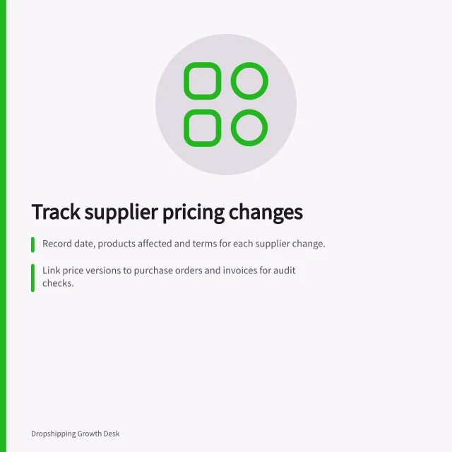 Track supplier pricing changes: Record date, products affected and terms for each supplier change.; Link price versions to purchase orders and invoices for audit checks.; Agree in writing how changes apply to open orders and new requests. Recording changes to supplier pricing and terms