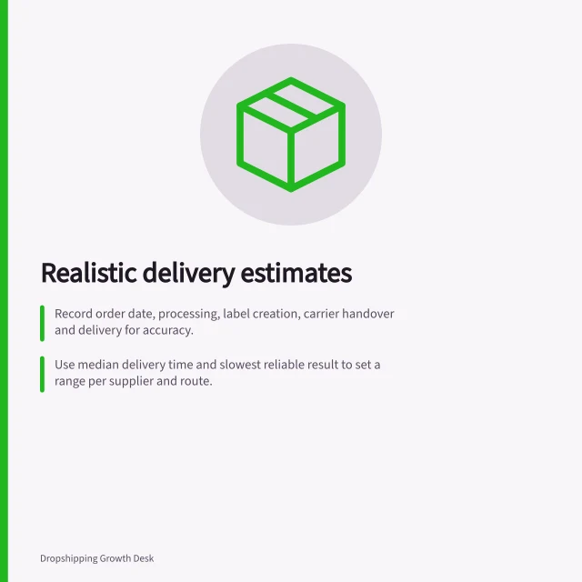 Realistic delivery estimates: Record order date, processing, label creation, carrier handover and delivery for accuracy.; Use median delivery time and slowest reliable result to set a range per supplier and route.; Update estimates when fulfilment changes; avoid precise dates without handover proof. Showing realistic delivery estimates before purchase