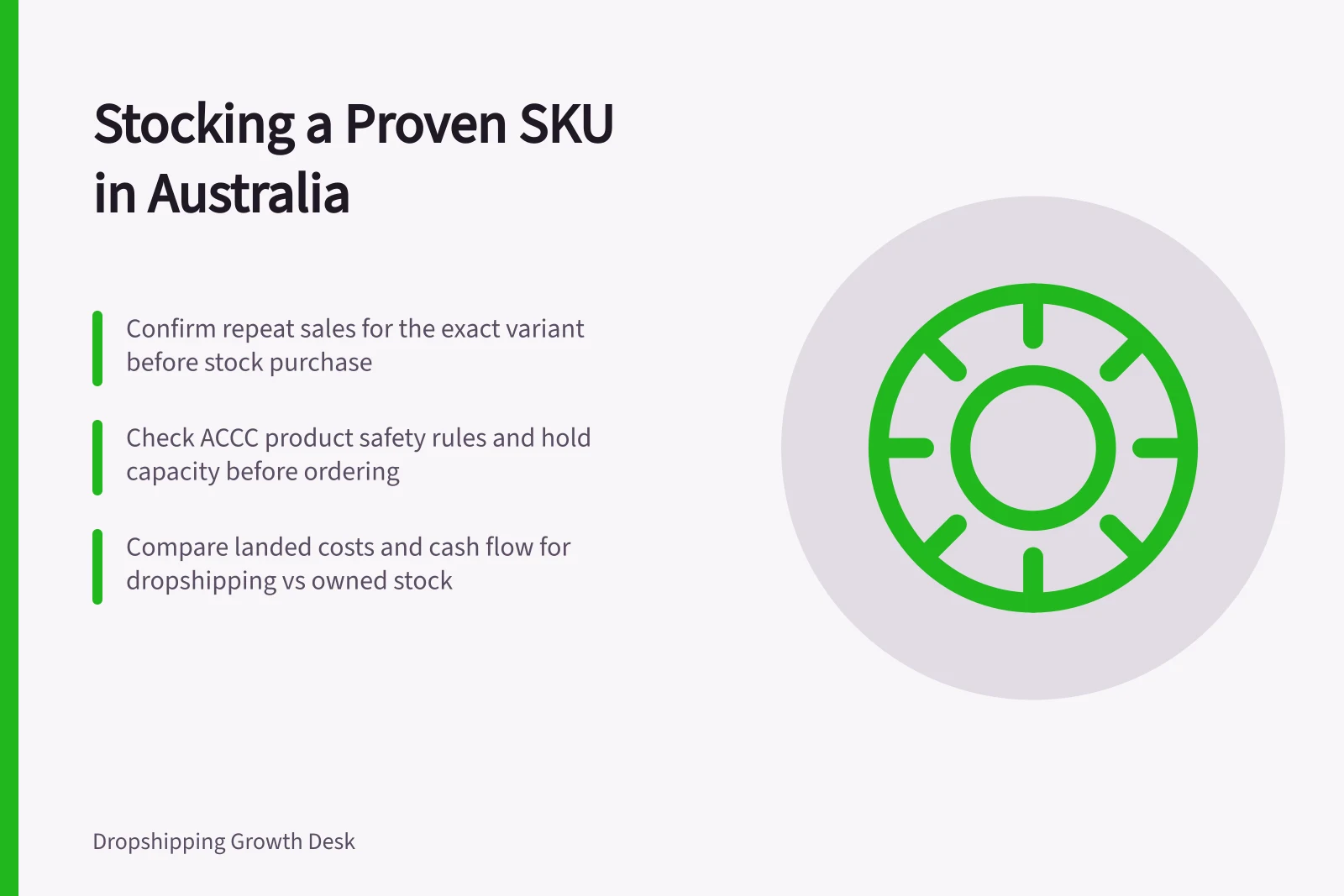 Stocking a Proven SKU in Australia: Confirm repeat sales for the exact variant before stock purchase; Check ACCC product safety rules and hold capacity before ordering; Compare landed costs and cash flow for dropshipping vs owned stock
