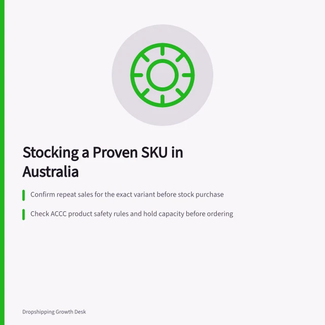 Stocking a Proven SKU in Australia: Confirm repeat sales for the exact variant before stock purchase; Check ACCC product safety rules and hold capacity before ordering; Compare landed costs and cash flow for dropshipping vs owned stock. Switching a successful product to stocked inventory